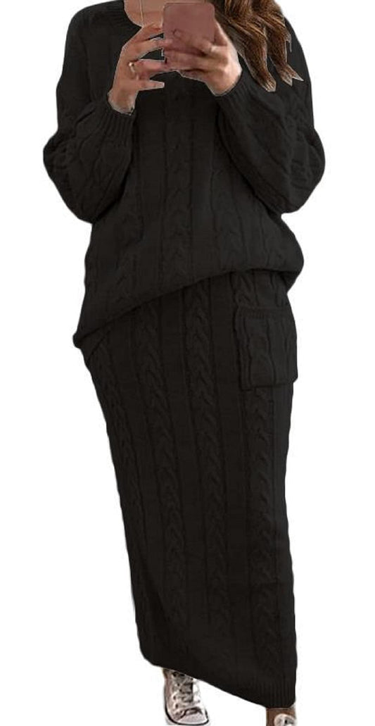 loveimgs Womens Trendy Chunky Cable Knit Long Skirt 2 Piece Outfit Sweater Sets (X-Large Black)