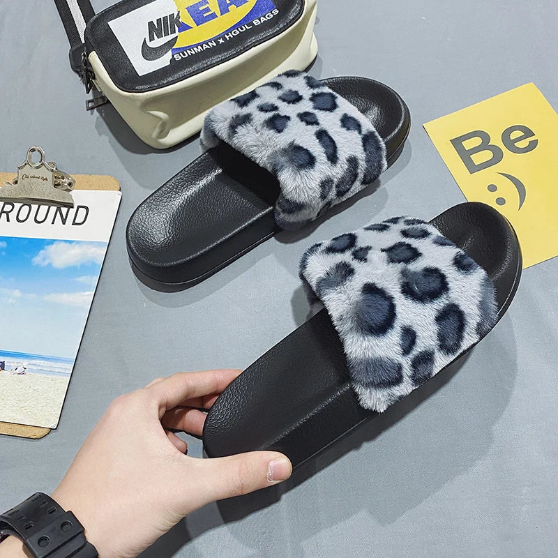 New Model Flat Brand Fashion Luxury Designer Leopard Plush slippers Women Slides Sandals Wholesale High Quality Ladies Chaussure
