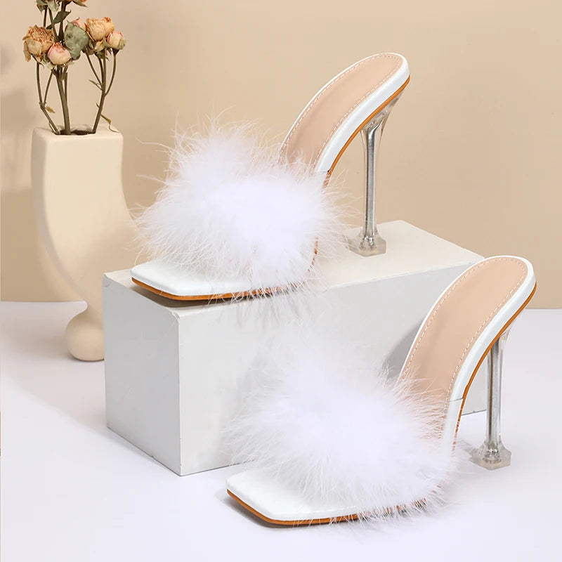 Women Fur Stiletto Sandals Open Toe High Heels Zapatillas Mujer Sapatos Femininos Slippers