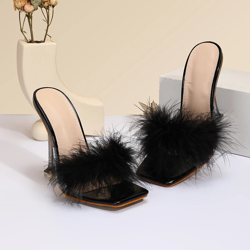 Women Fur Stiletto Sandals Open Toe High Heels Zapatillas Mujer Sapatos Femininos Slippers