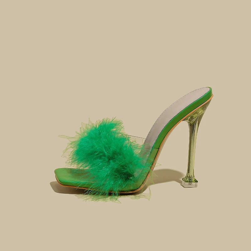 Women Fur Stiletto Sandals Open Toe High Heels Zapatillas Mujer Sapatos Femininos Slippers