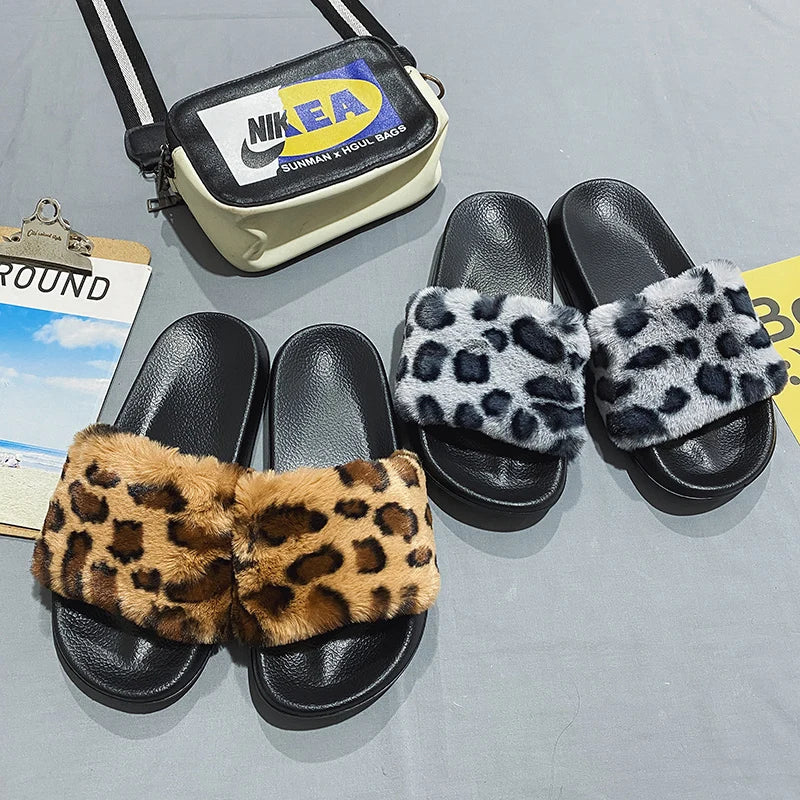 New Model Flat Brand Fashion Luxury Designer Leopard Plush slippers Women Slides Sandals Wholesale High Quality Ladies Chaussure