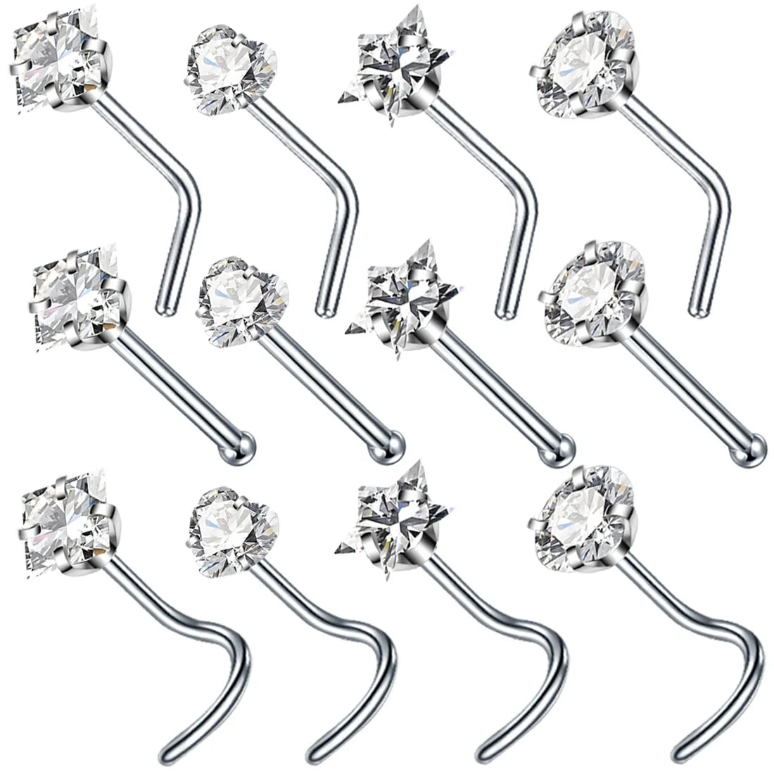 4PCS/Set Surgical Steel Heart Nose Ring Set Real Star L Shape Nose Stud Set Square Nose Rings And Studs Bulk Piercing Nariz Lote