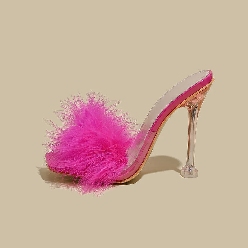 Women Fur Stiletto Sandals Open Toe High Heels Zapatillas Mujer Sapatos Femininos Slippers
