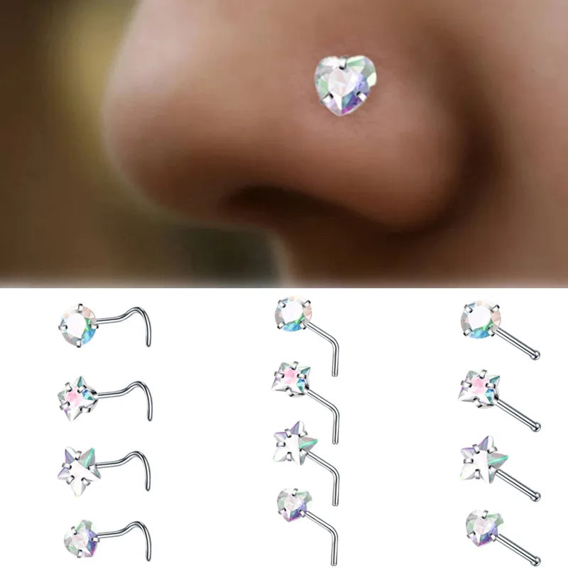 4PCS/Set Surgical Steel Heart Nose Ring Set Real Star L Shape Nose Stud Set Square Nose Rings And Studs Bulk Piercing Nariz Lote