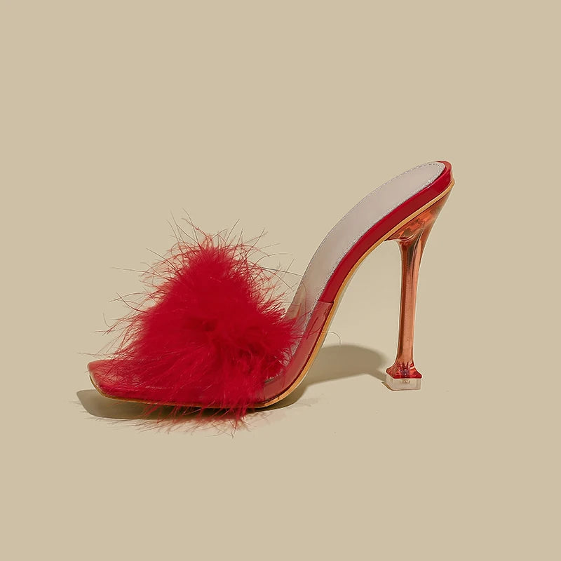 Women Fur Stiletto Sandals Open Toe High Heels Zapatillas Mujer Sapatos Femininos Slippers