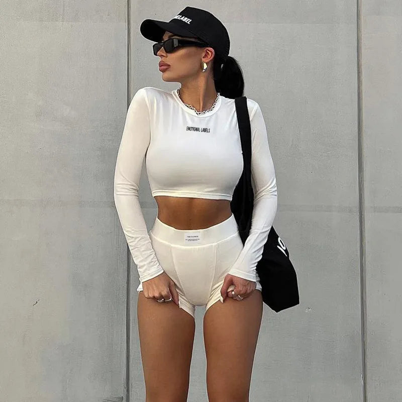 Summer Round Neck Long Short sleeved 3/4 Shorts Two piece Women's Fashion Sports Versatile Set
