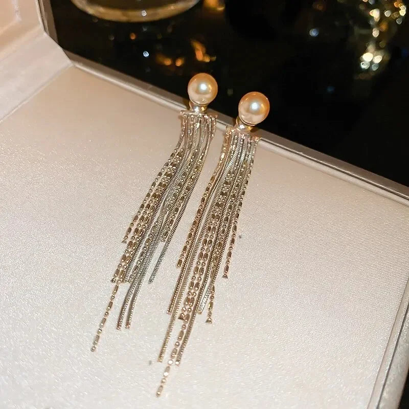 Long Tassel Rhinestones Chains Ear Line Drop Earrings for Women Gold Color Delicate Dangle Earring Hanging Charm Fashion Jewelry
