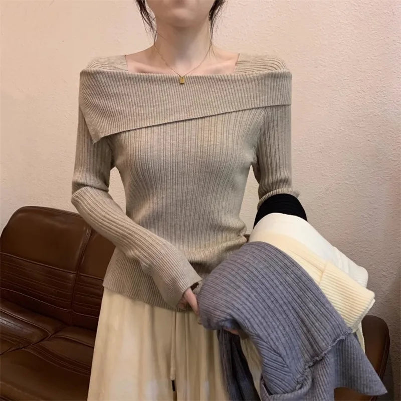 Solid Sexy Slim Off Shoulder Slash Neck Long Sleeve Knitting Sweater Women Jumpers Office Fashion New