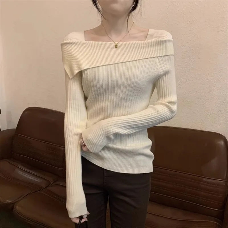 Solid Sexy Slim Off Shoulder Slash Neck Long Sleeve Knitting Sweater Women Jumpers Office Fashion New