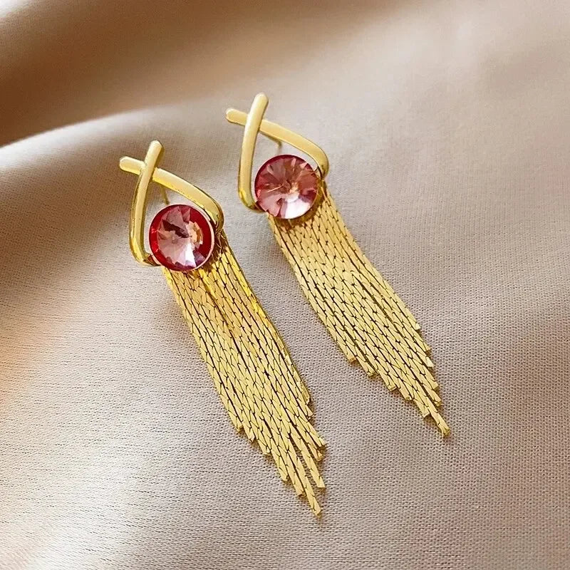 Long Tassel Rhinestones Chains Ear Line Drop Earrings for Women Gold Color Delicate Dangle Earring Hanging Charm Fashion Jewelry
