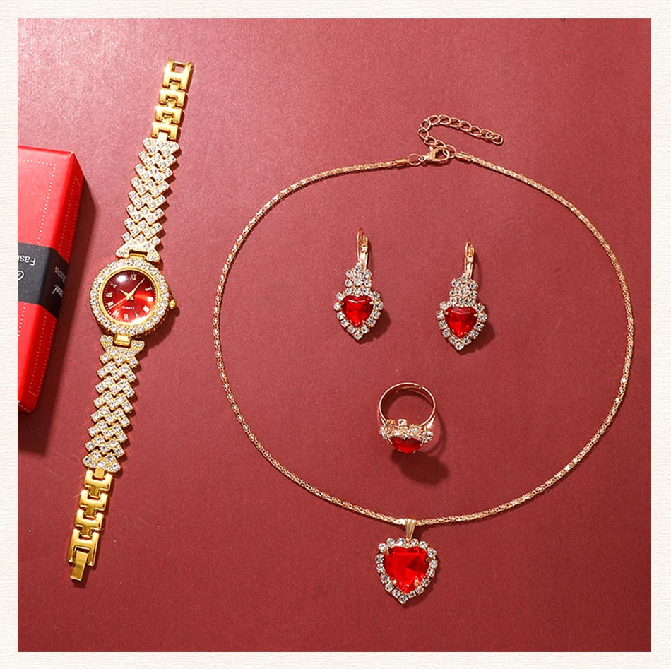 Golden Luxury Watch Women Ring Necklace Earring Rhinestone Fashion Wristwatch Casual Ladies Bracelet Watches Jewelry Set
