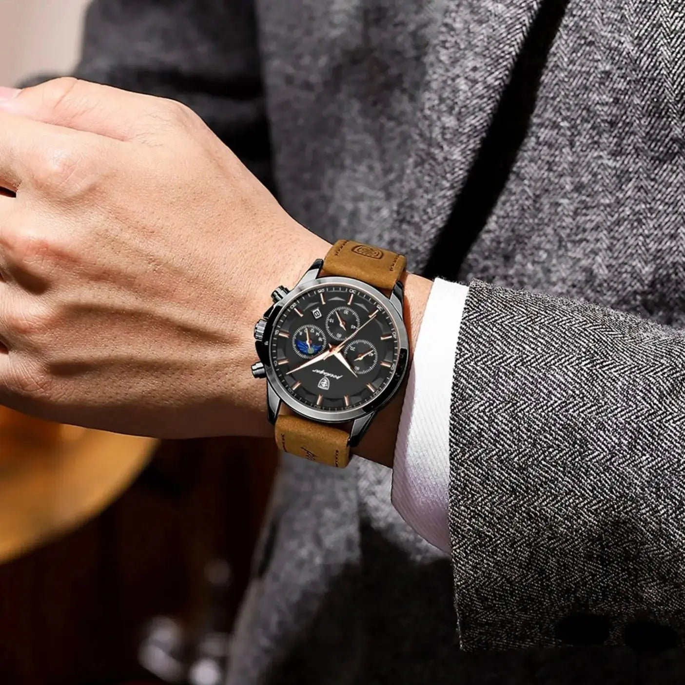 POEDAGAR Fashion Business Men Quartz Watch Waterproof Chronograph Luminous Date Man Wristwatch Leather Men's Watches Clock Reloj