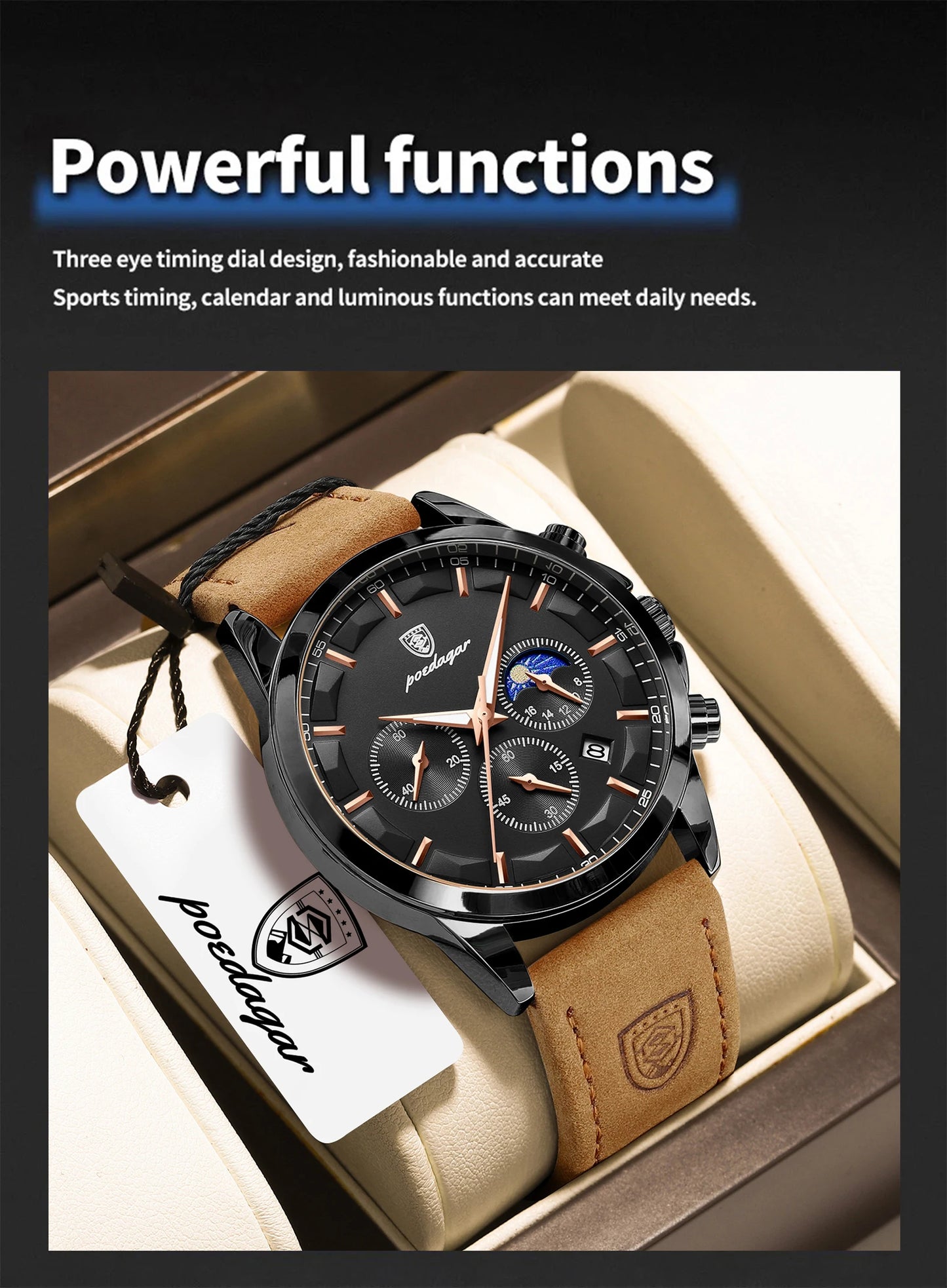 POEDAGAR Fashion Business Men Quartz Watch Waterproof Chronograph Luminous Date Man Wristwatch Leather Men's Watches Clock Reloj