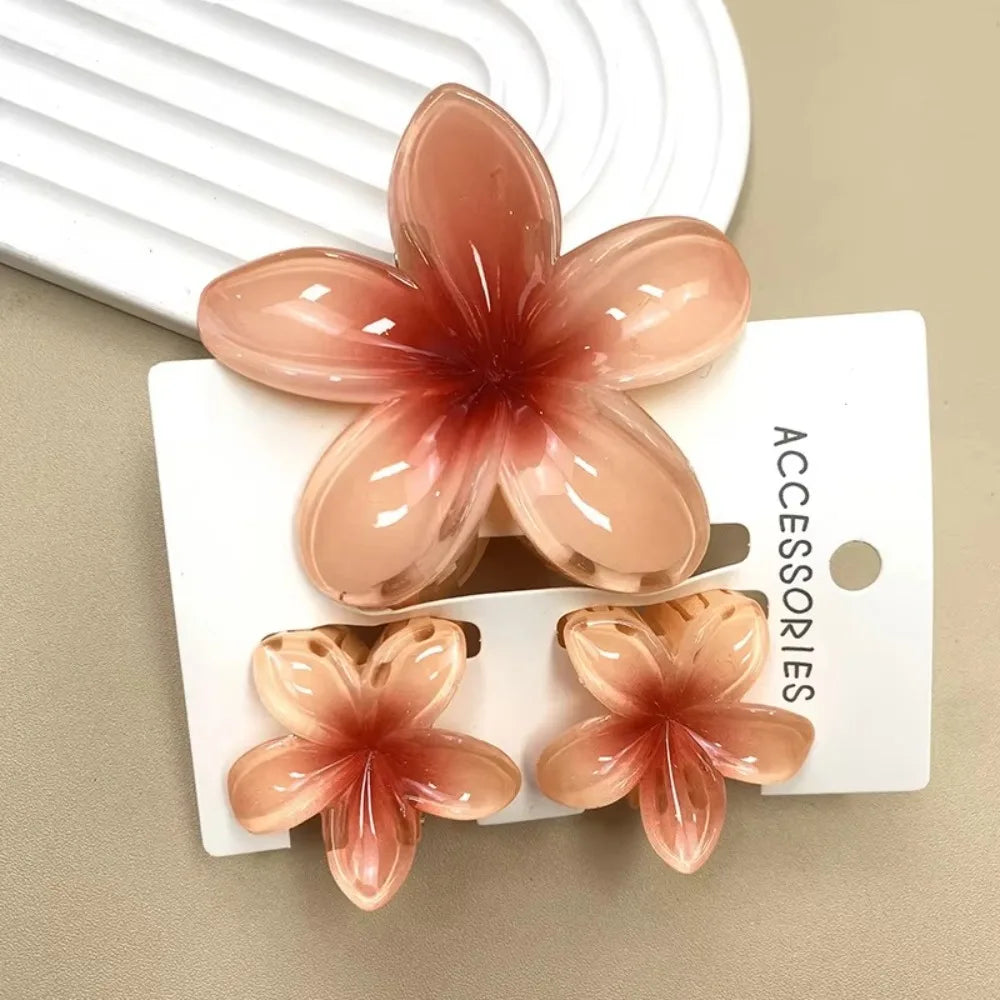 3Pcs/Set Hawaiian Flower Gradient Hair Claws Ponytail Cip Plumeria Flower Shark Clip Barrettes Hairpins For Women Girl