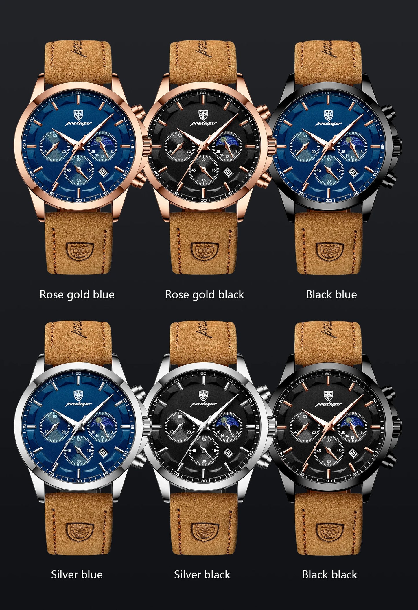 POEDAGAR Fashion Business Men Quartz Watch Waterproof Chronograph Luminous Date Man Wristwatch Leather Men's Watches Clock Reloj