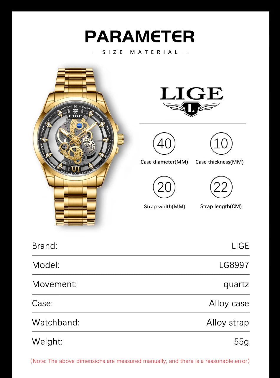 2026 LIGE Men Watch Skeleton Automatic Quartz Watch Gold Skeleton Vintage Man Watch Mens Watches Top Brand Luxury часы мужские