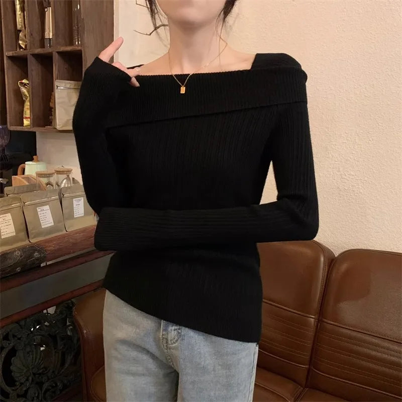 Solid Sexy Slim Off Shoulder Slash Neck Long Sleeve Knitting Sweater Women Jumpers Office Fashion New