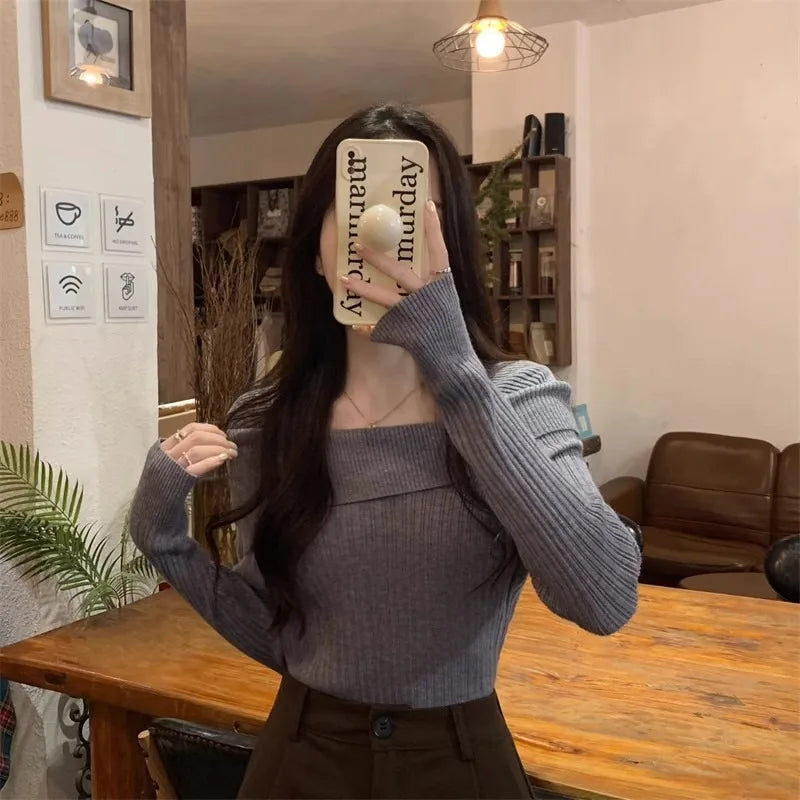 Solid Sexy Slim Off Shoulder Slash Neck Long Sleeve Knitting Sweater Women Jumpers Office Fashion New
