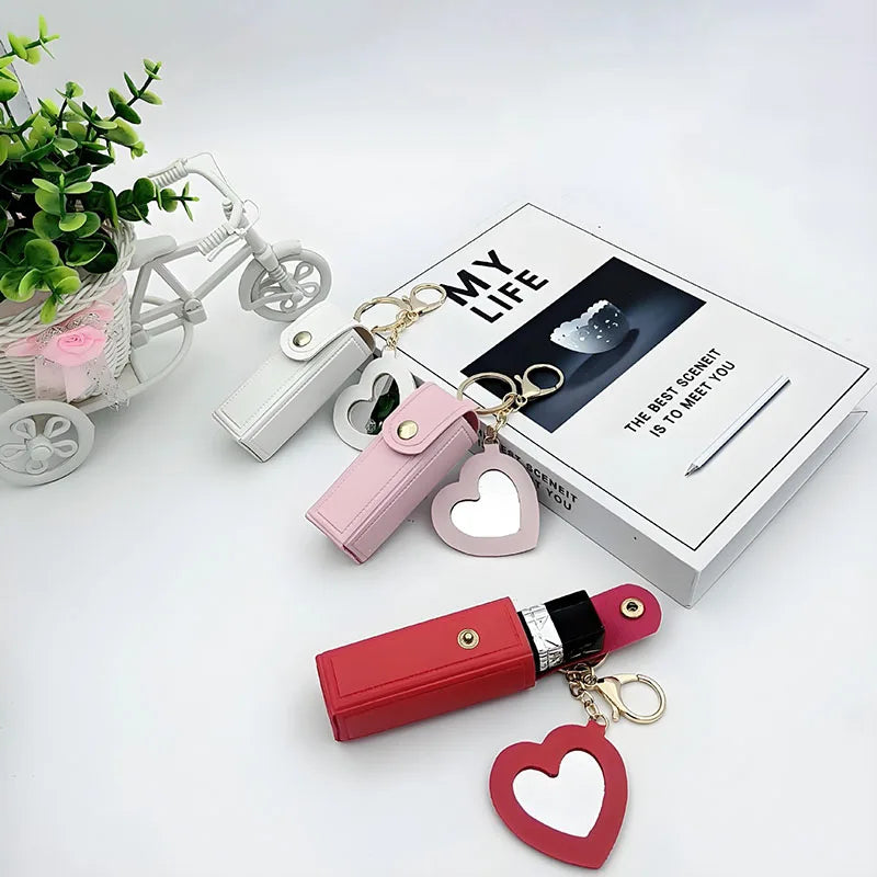 Various colors available, heart-shaped mirror portable mini lipstick bag, portable lipstick bag with mirror, small cosmetic bag,