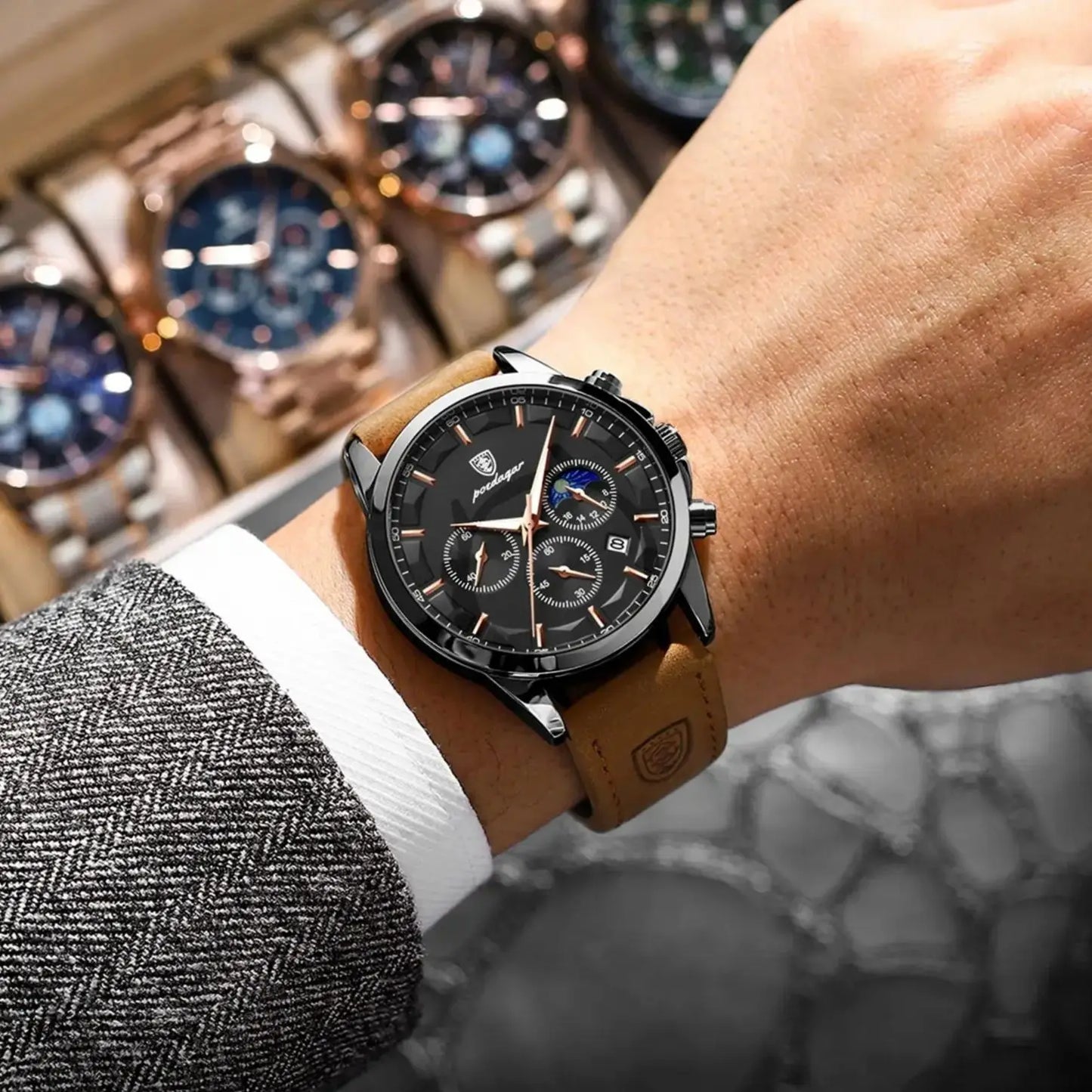 POEDAGAR Fashion Business Men Quartz Watch Waterproof Chronograph Luminous Date Man Wristwatch Leather Men's Watches Clock Reloj