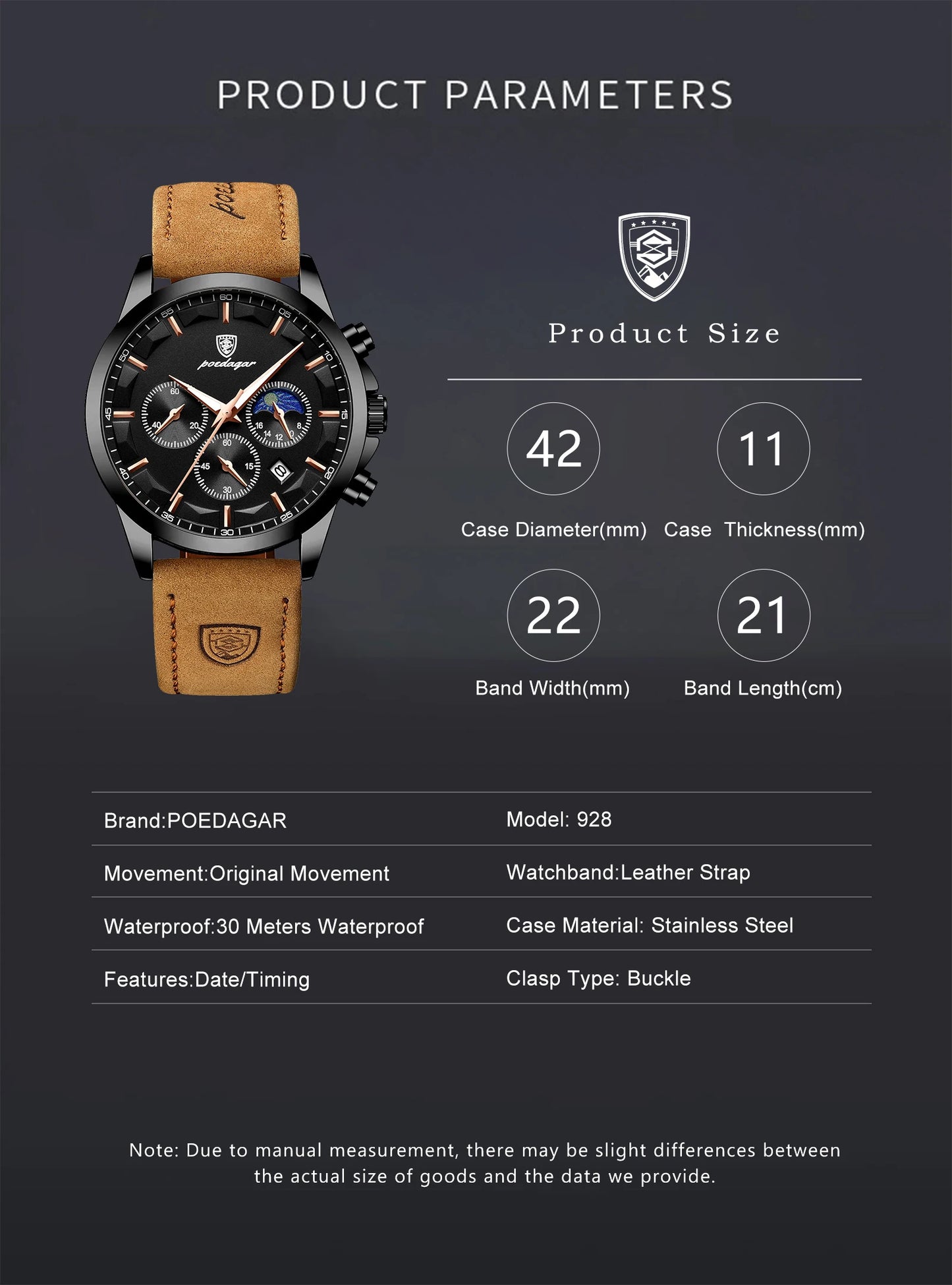 POEDAGAR Fashion Business Men Quartz Watch Waterproof Chronograph Luminous Date Man Wristwatch Leather Men's Watches Clock Reloj