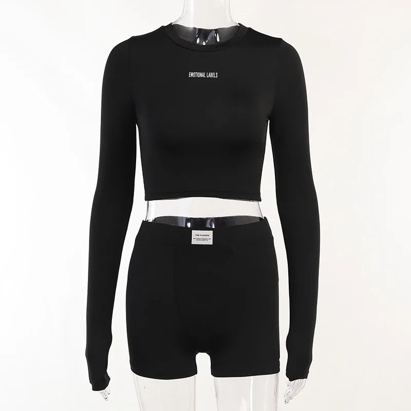 Summer Round Neck Long Short sleeved 3/4 Shorts Two piece Women's Fashion Sports Versatile Set