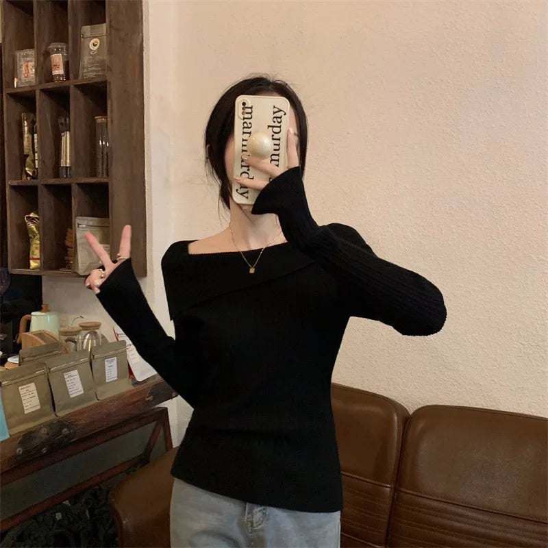 Solid Sexy Slim Off Shoulder Slash Neck Long Sleeve Knitting Sweater Women Jumpers Office Fashion New