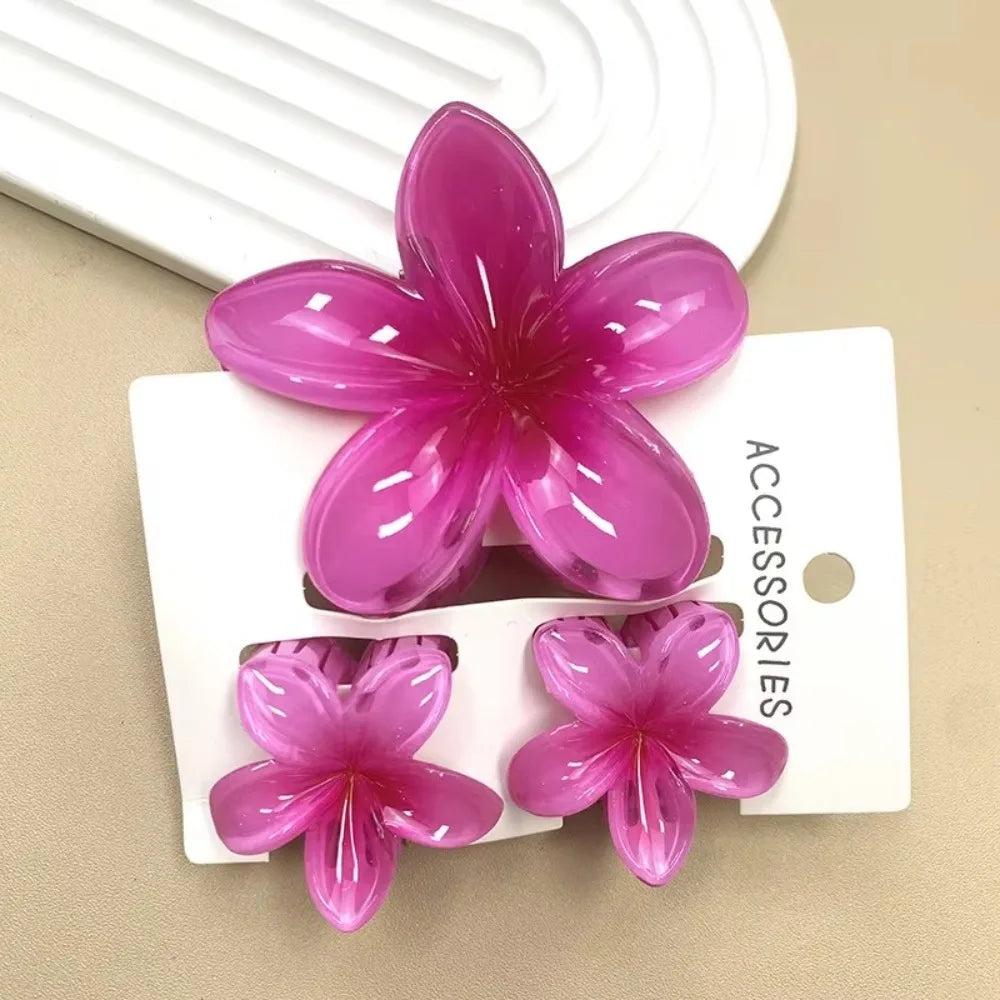 3Pcs/Set Hawaiian Flower Gradient Hair Claws Ponytail Cip Plumeria Flower Shark Clip Barrettes Hairpins For Women Girl