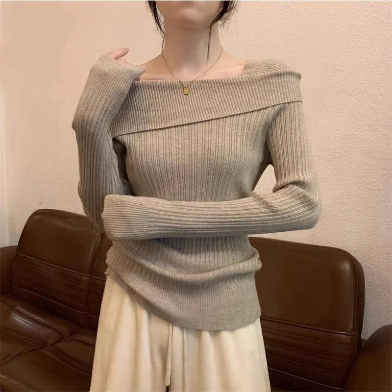 Solid Sexy Slim Off Shoulder Slash Neck Long Sleeve Knitting Sweater Women Jumpers Office Fashion New