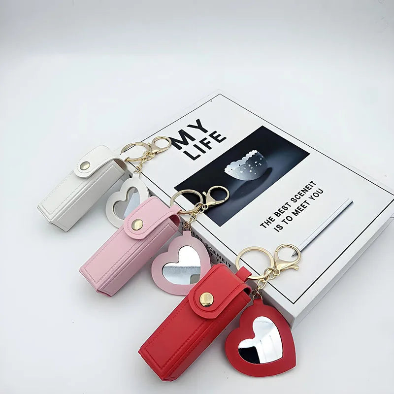 Various colors available, heart-shaped mirror portable mini lipstick bag, portable lipstick bag with mirror, small cosmetic bag,