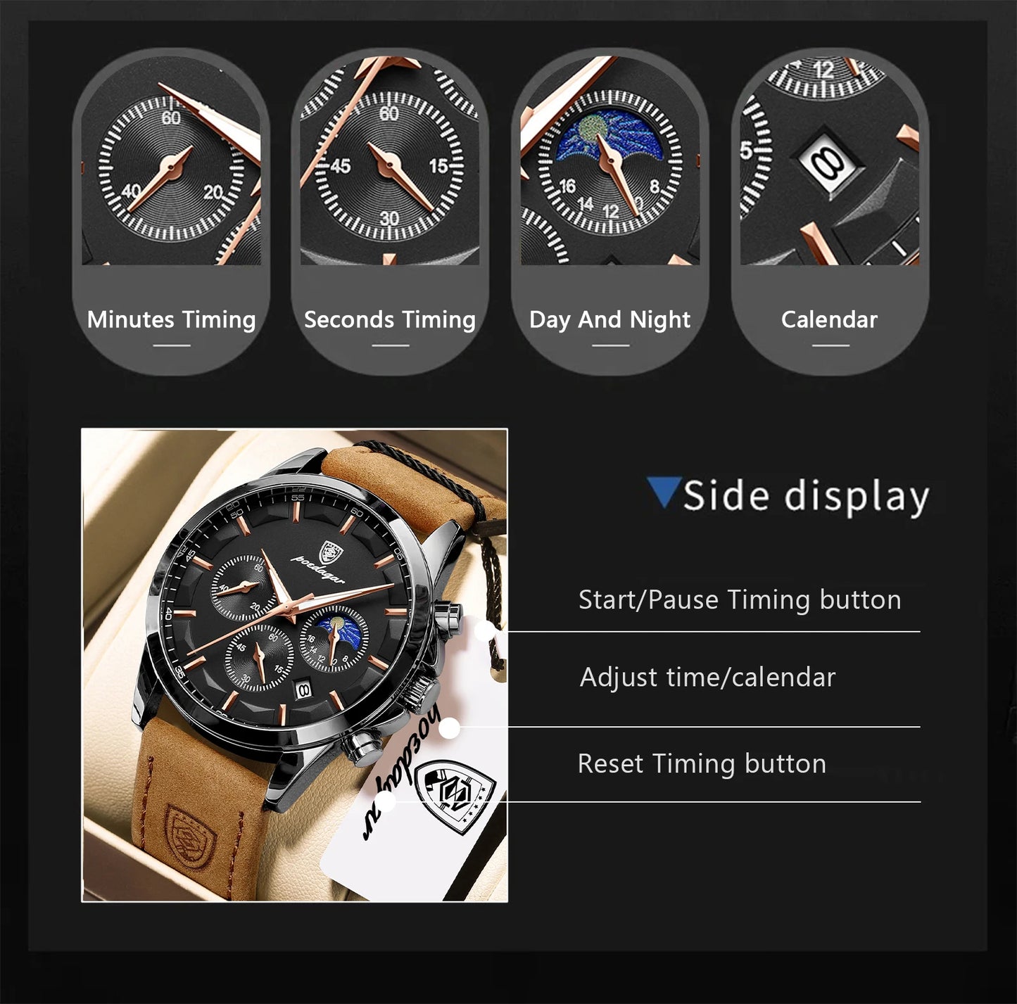 POEDAGAR Fashion Business Men Quartz Watch Waterproof Chronograph Luminous Date Man Wristwatch Leather Men's Watches Clock Reloj