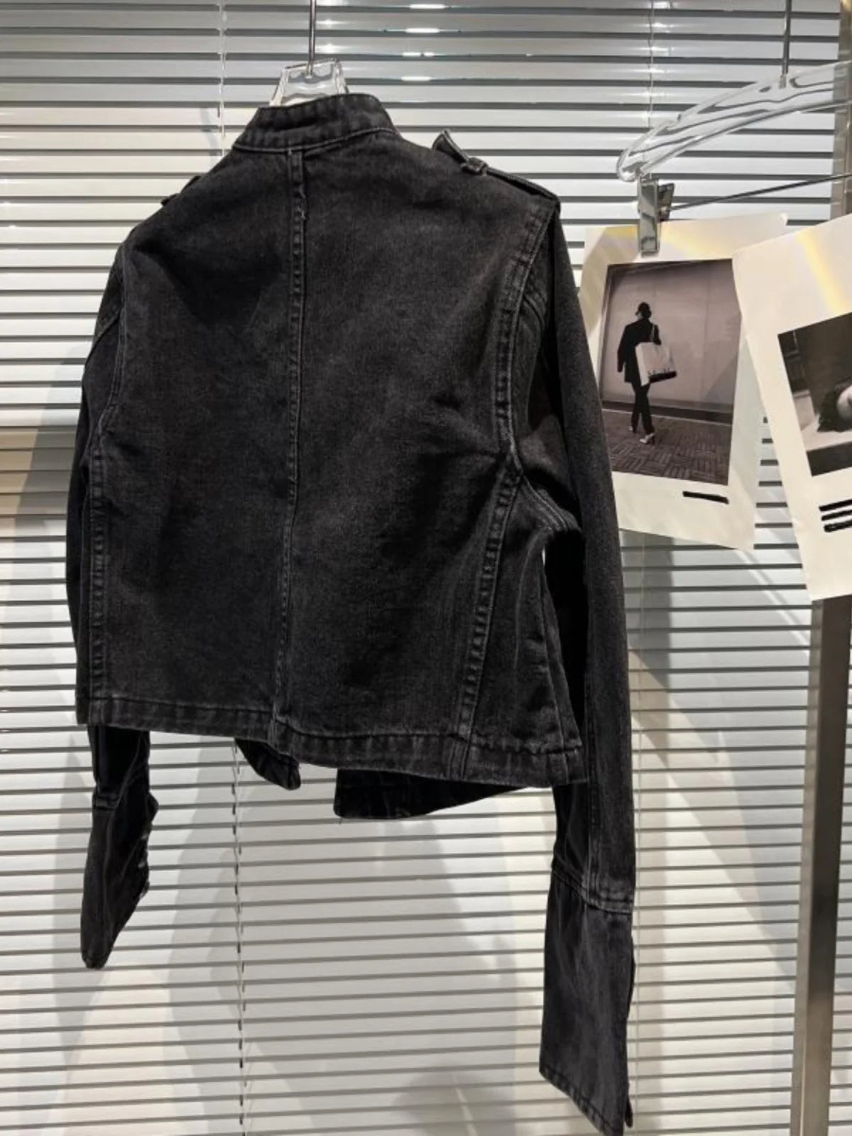 Punk Style Black Stand Up Collar Denim Jackets Vintage Washed Motor Coat For Women 2025 Autumn New Loose Long Sleeve Outerwear