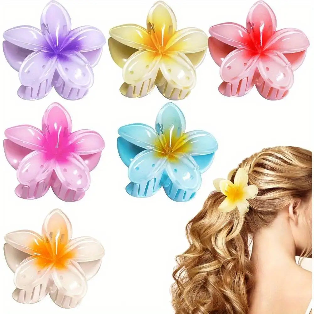 6-Pack Elegant Acrylic Plumeria Wer Claws, Large Colorful Hawaiian Hair Clips Women, Strong Grip For Weddings, Parties, Beach,