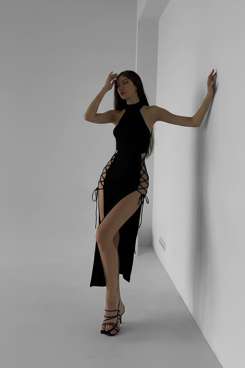 Goth Dark Cosplay High Split Sexy Bandage Women Dresses Y2K Mall Gothic Halter Slim Midi Dress Black Grunge Style Alt Partywear