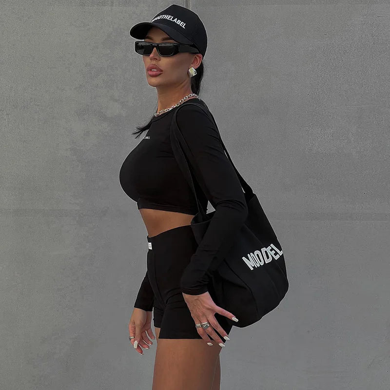 Summer Round Neck Long Short sleeved 3/4 Shorts Two piece Women's Fashion Sports Versatile Set