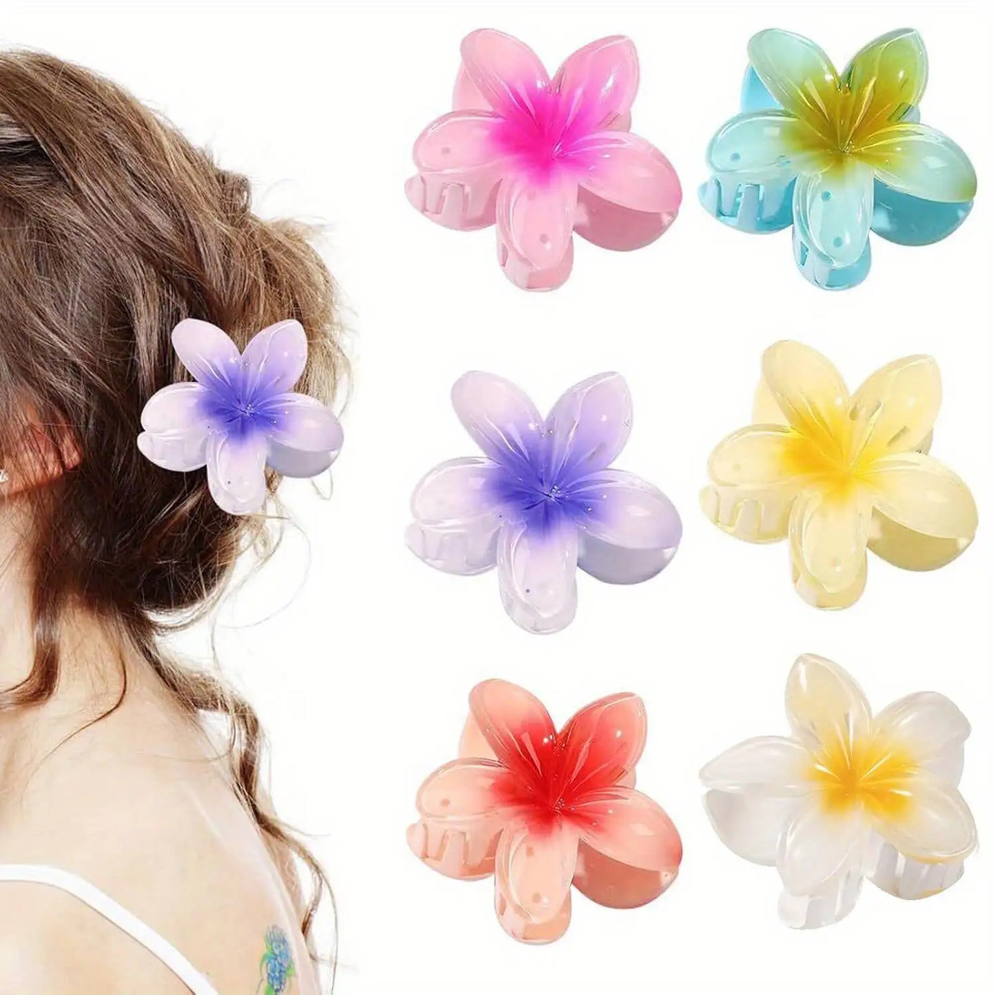 6-Pack Elegant Acrylic Plumeria Wer Claws, Large Colorful Hawaiian Hair Clips Women, Strong Grip For Weddings, Parties, Beach,