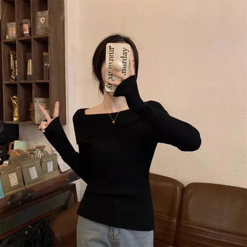 Solid Sexy Slim Off Shoulder Slash Neck Long Sleeve Knitting Sweater Women Jumpers Office Fashion New