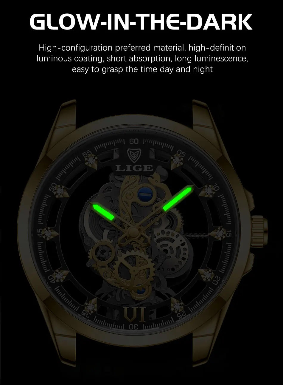 2026 LIGE Men Watch Skeleton Automatic Quartz Watch Gold Skeleton Vintage Man Watch Mens Watches Top Brand Luxury часы мужские
