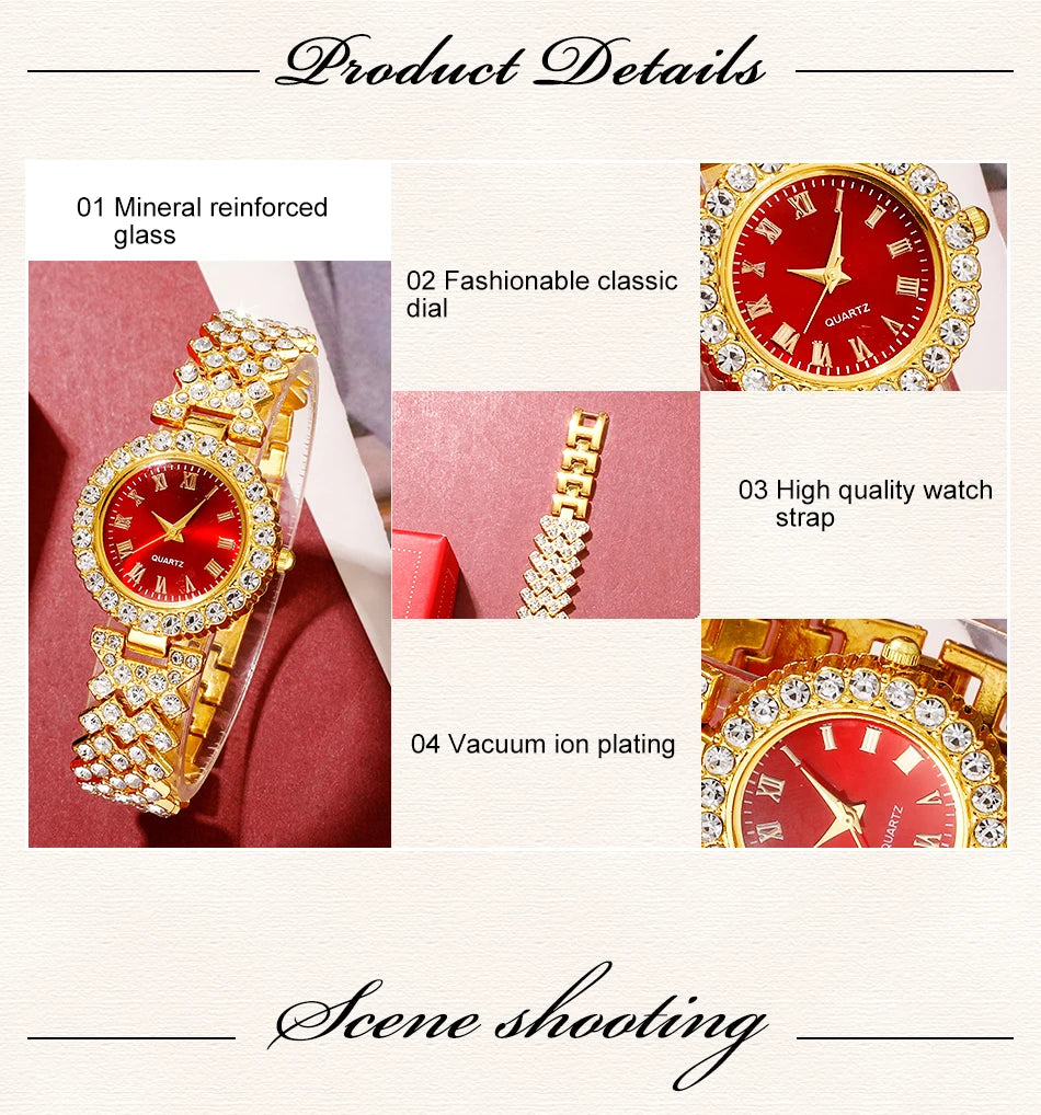 Golden Luxury Watch Women Ring Necklace Earring Rhinestone Fashion Wristwatch Casual Ladies Bracelet Watches Jewelry Set