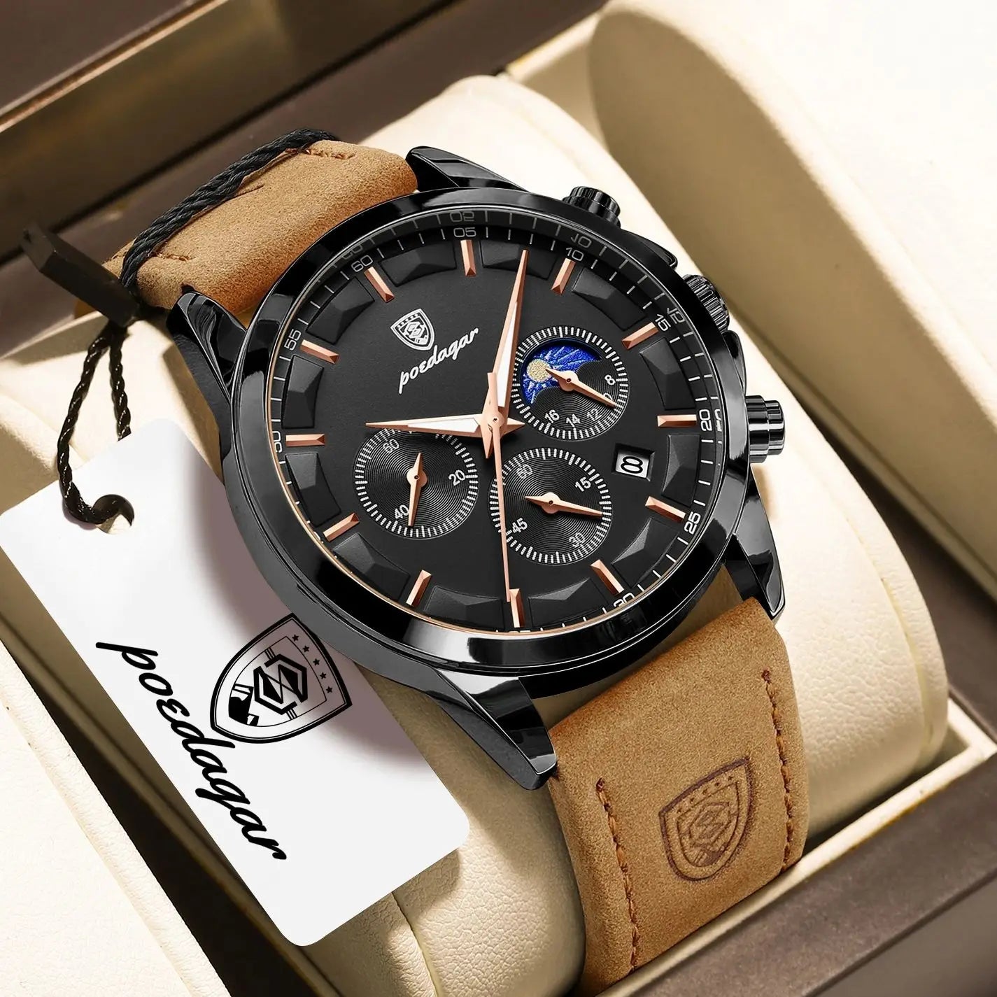 POEDAGAR Fashion Business Men Quartz Watch Waterproof Chronograph Luminous Date Man Wristwatch Leather Men's Watches Clock Reloj