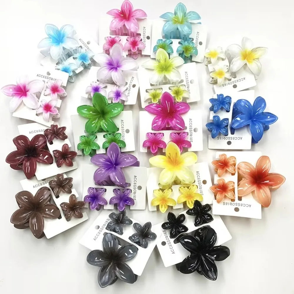 3Pcs/Set Hawaiian Flower Gradient Hair Claws Ponytail Cip Plumeria Flower Shark Clip Barrettes Hairpins For Women Girl