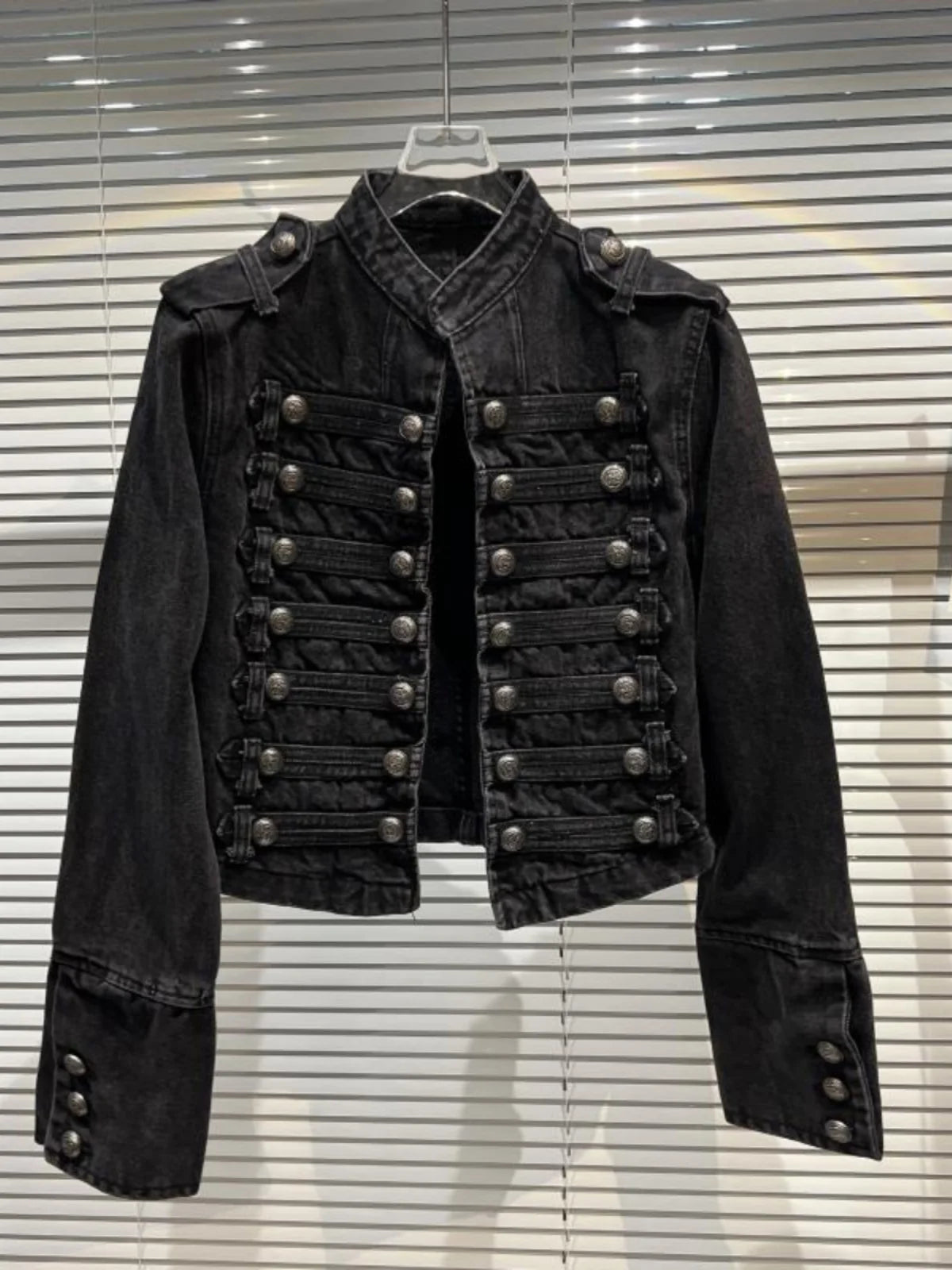 Punk Style Black Stand Up Collar Denim Jackets Vintage Washed Motor Coat For Women 2025 Autumn New Loose Long Sleeve Outerwear