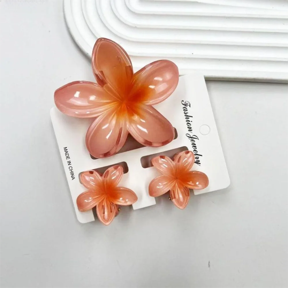3Pcs/Set Hawaiian Flower Gradient Hair Claws Ponytail Cip Plumeria Flower Shark Clip Barrettes Hairpins For Women Girl