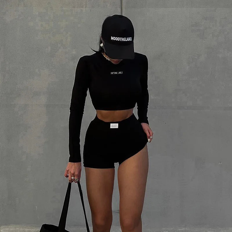 Summer Round Neck Long Short sleeved 3/4 Shorts Two piece Women's Fashion Sports Versatile Set