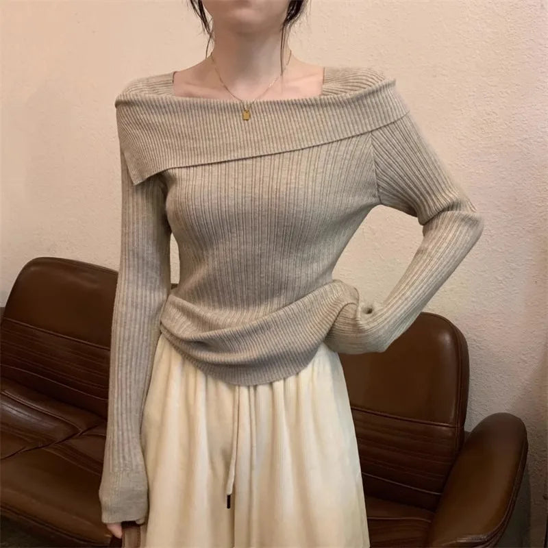 Solid Sexy Slim Off Shoulder Slash Neck Long Sleeve Knitting Sweater Women Jumpers Office Fashion New