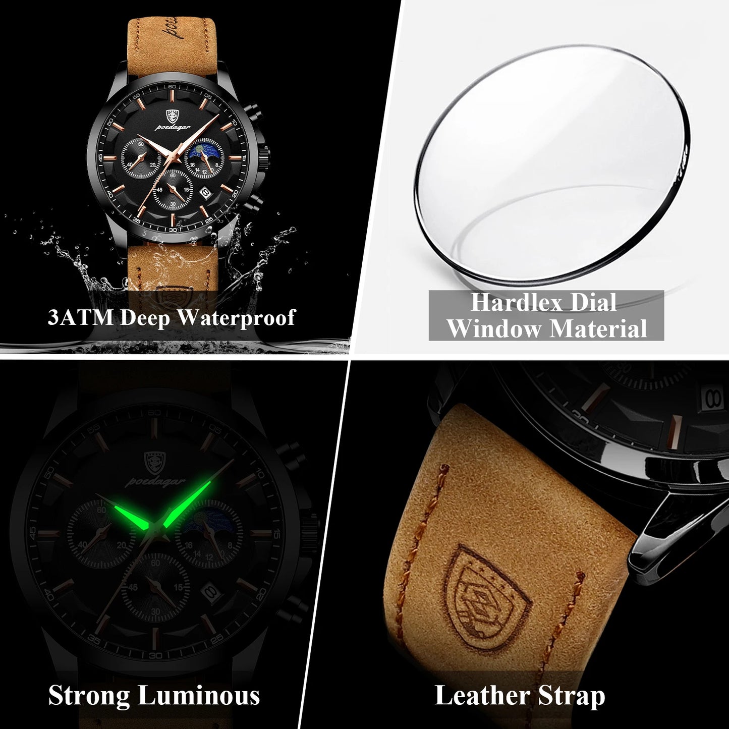 POEDAGAR Fashion Business Men Quartz Watch Waterproof Chronograph Luminous Date Man Wristwatch Leather Men's Watches Clock Reloj
