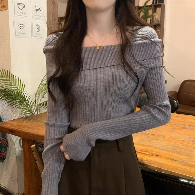 Solid Sexy Slim Off Shoulder Slash Neck Long Sleeve Knitting Sweater Women Jumpers Office Fashion New