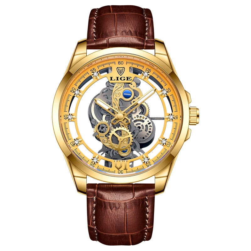 2026 LIGE Men Watch Skeleton Automatic Quartz Watch Gold Skeleton Vintage Man Watch Mens Watches Top Brand Luxury часы мужские