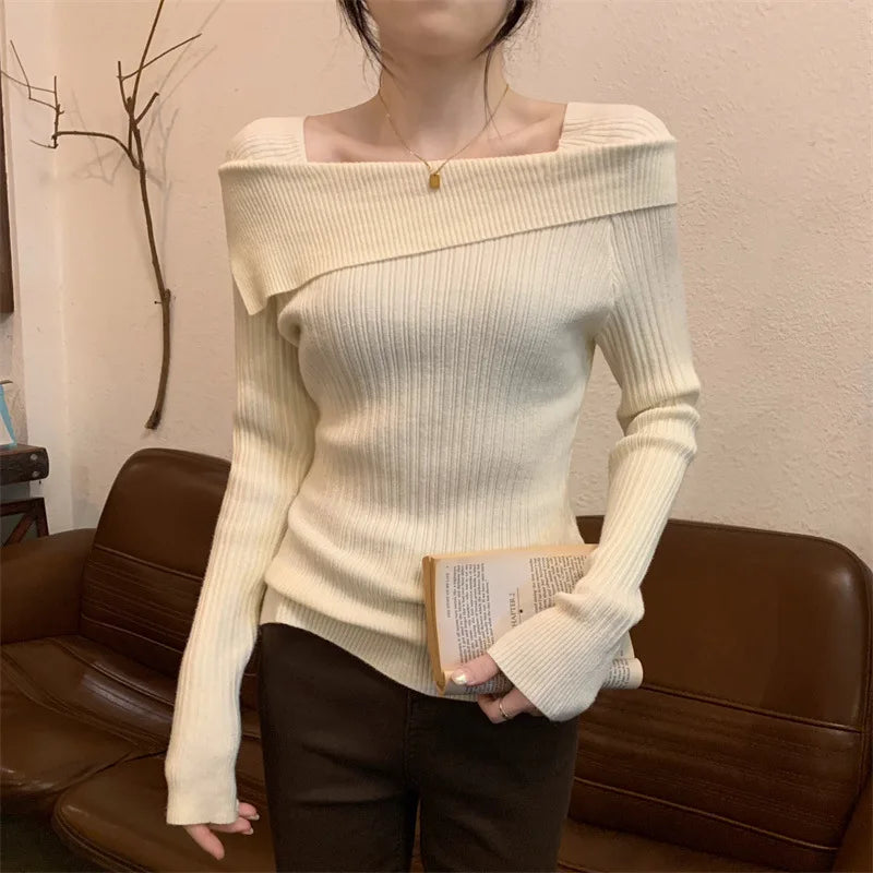 Solid Sexy Slim Off Shoulder Slash Neck Long Sleeve Knitting Sweater Women Jumpers Office Fashion New